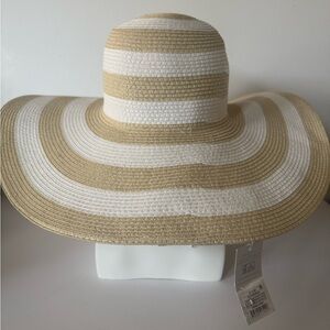 NWT Stylish Tan and White Striped Women's Sun Hat w/Wide Brim, Adjustable Size